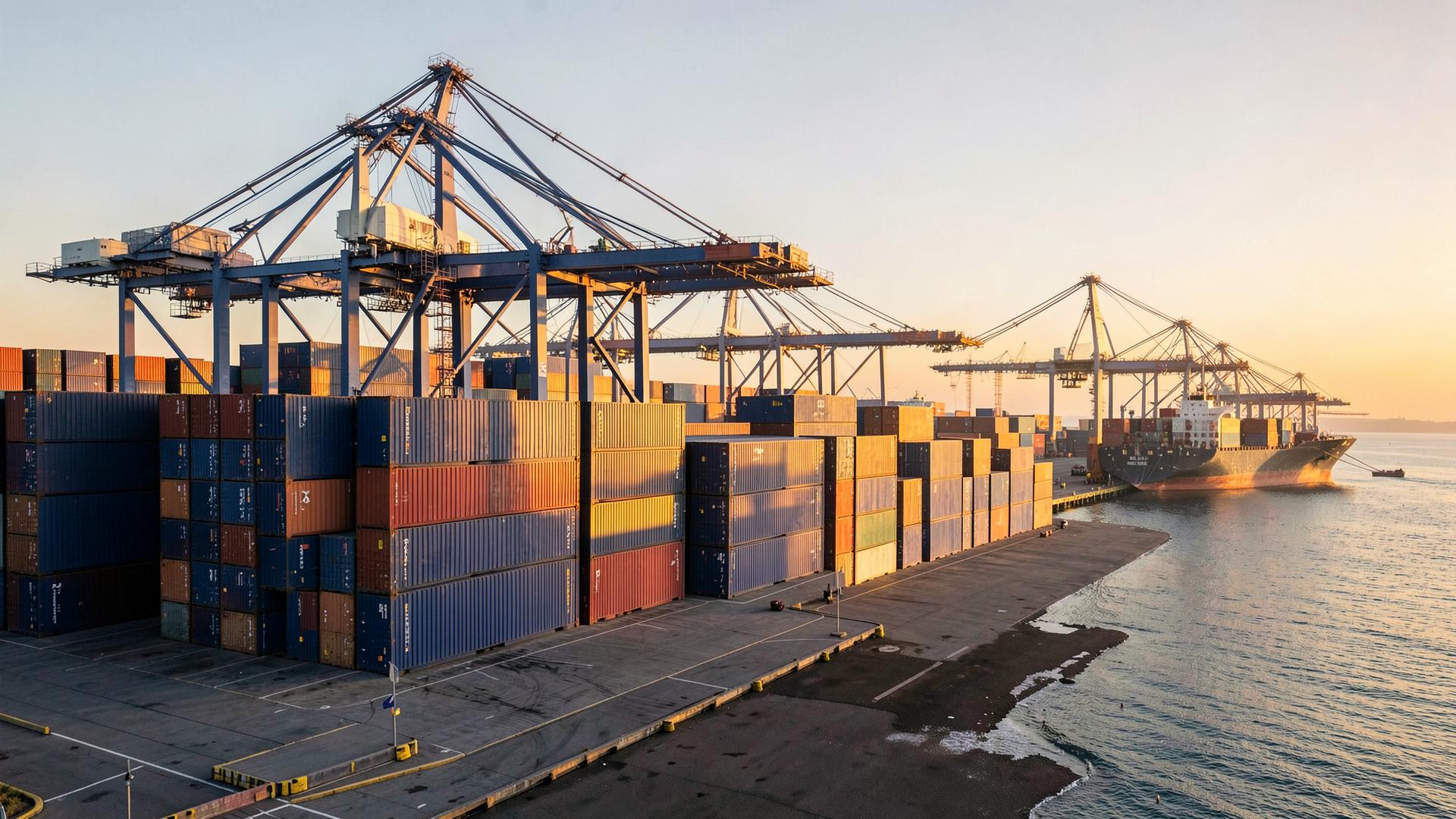 Container port at dusk showing global goods trade